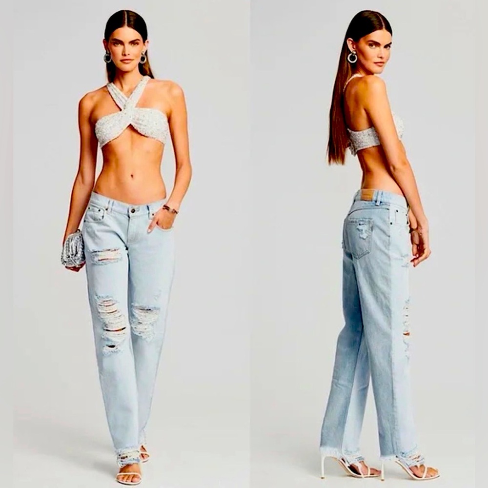 RETROFETE Maggie 90s Low Rise Distress Denim Rip Knee Straight Leg Jean Sz 27